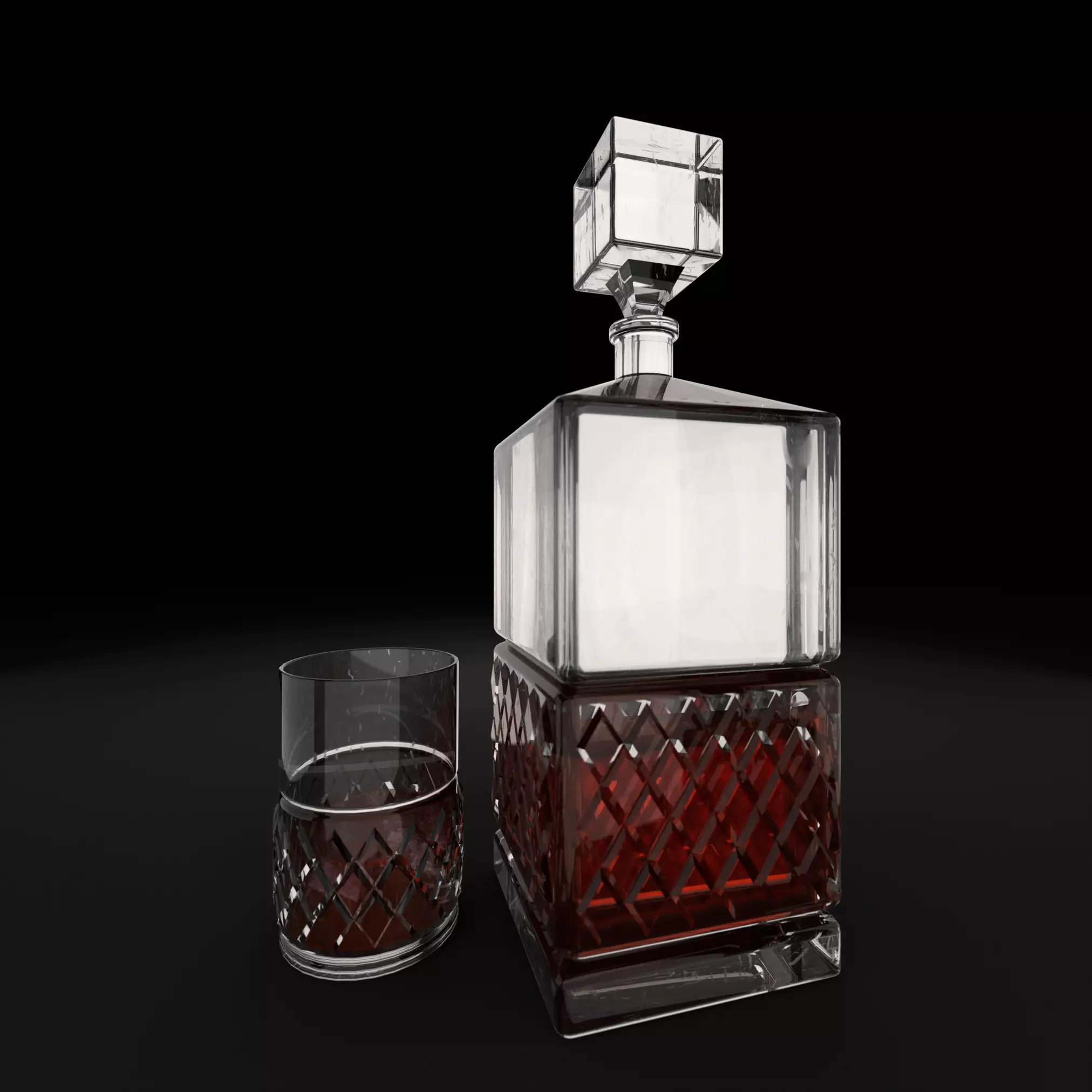 Carafe whiskey decanter and glass Low-poly 3D model_0