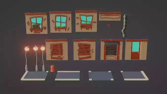 Stylized Modular Building Low-poly 3D model