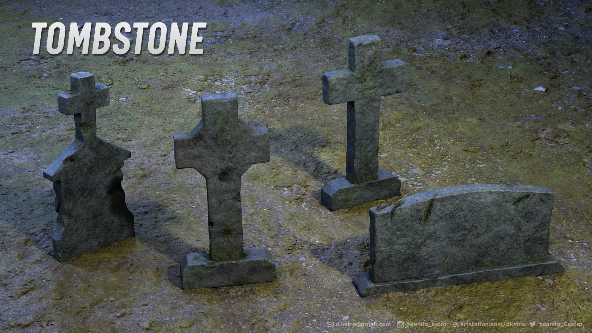 Tombstone - 3D model - Game Ready four tombstones Low-poly 3D model_0