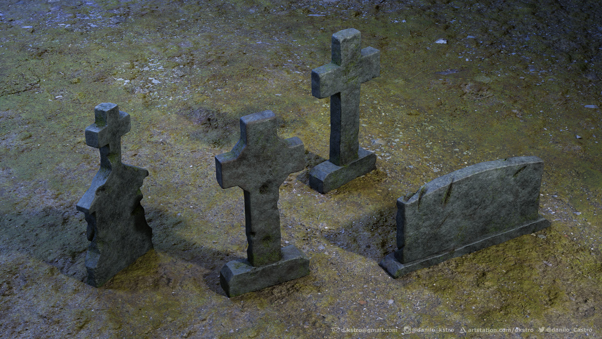 Tombstone - 3D model - Game Ready four tombstones Low-poly 3D model_5