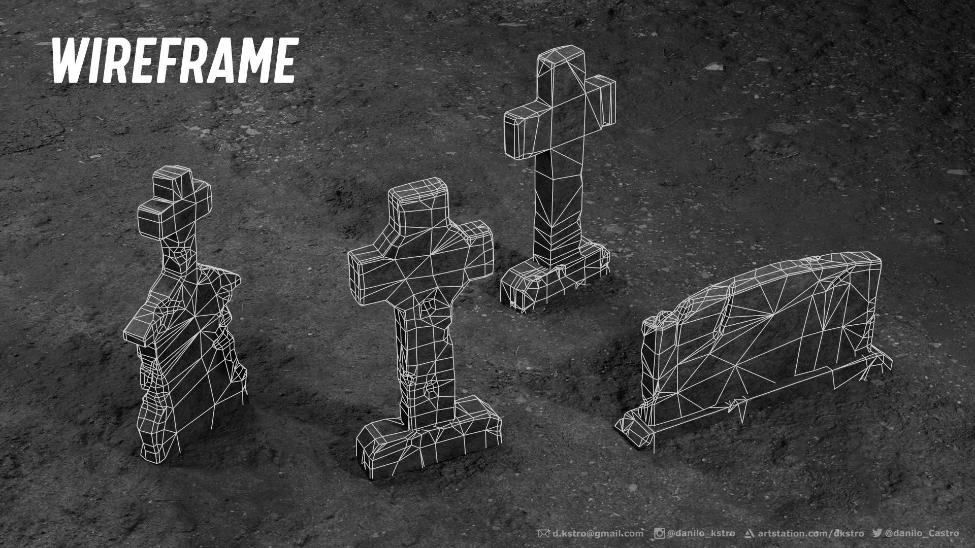 Tombstone - 3D model - Game Ready four tombstones Low-poly 3D model_6