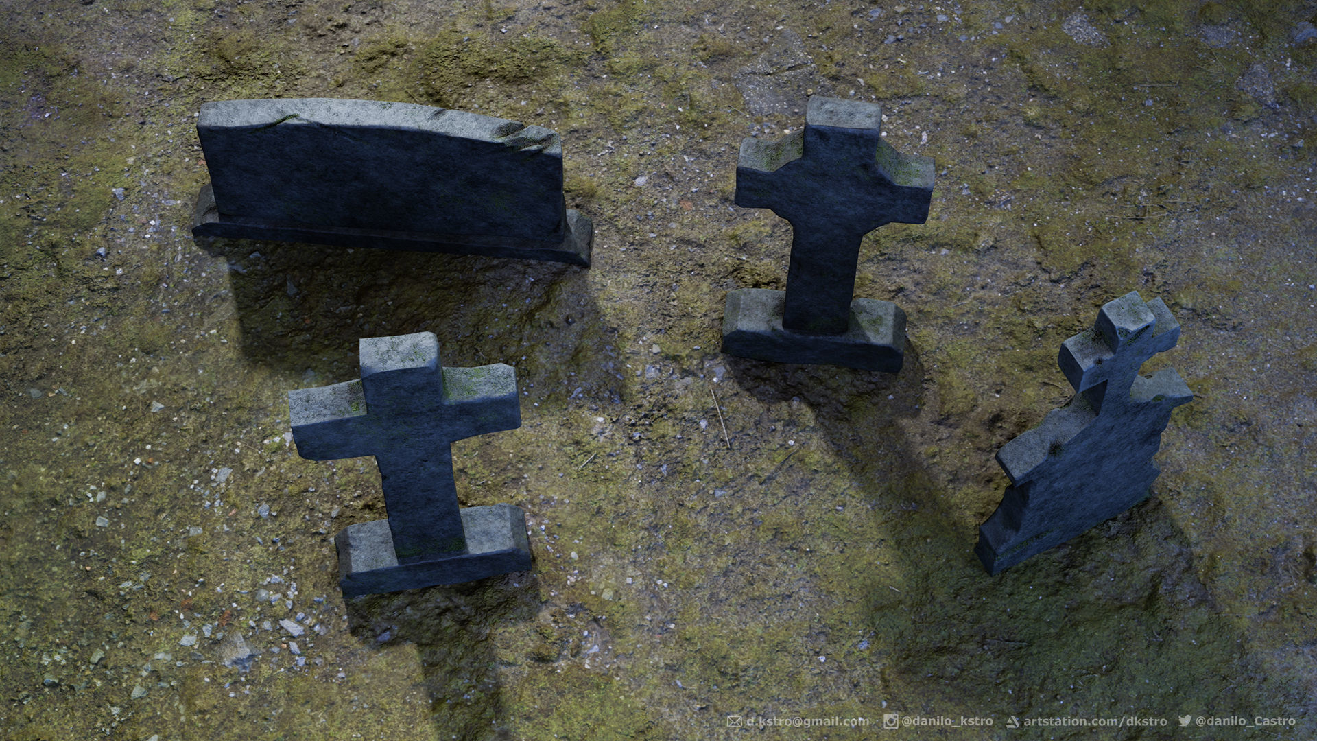 Tombstone - 3D model - Game Ready four tombstones Low-poly 3D model_4