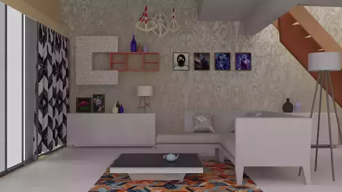 Interior Model living room with furniture and stairs 3D model rigged ...