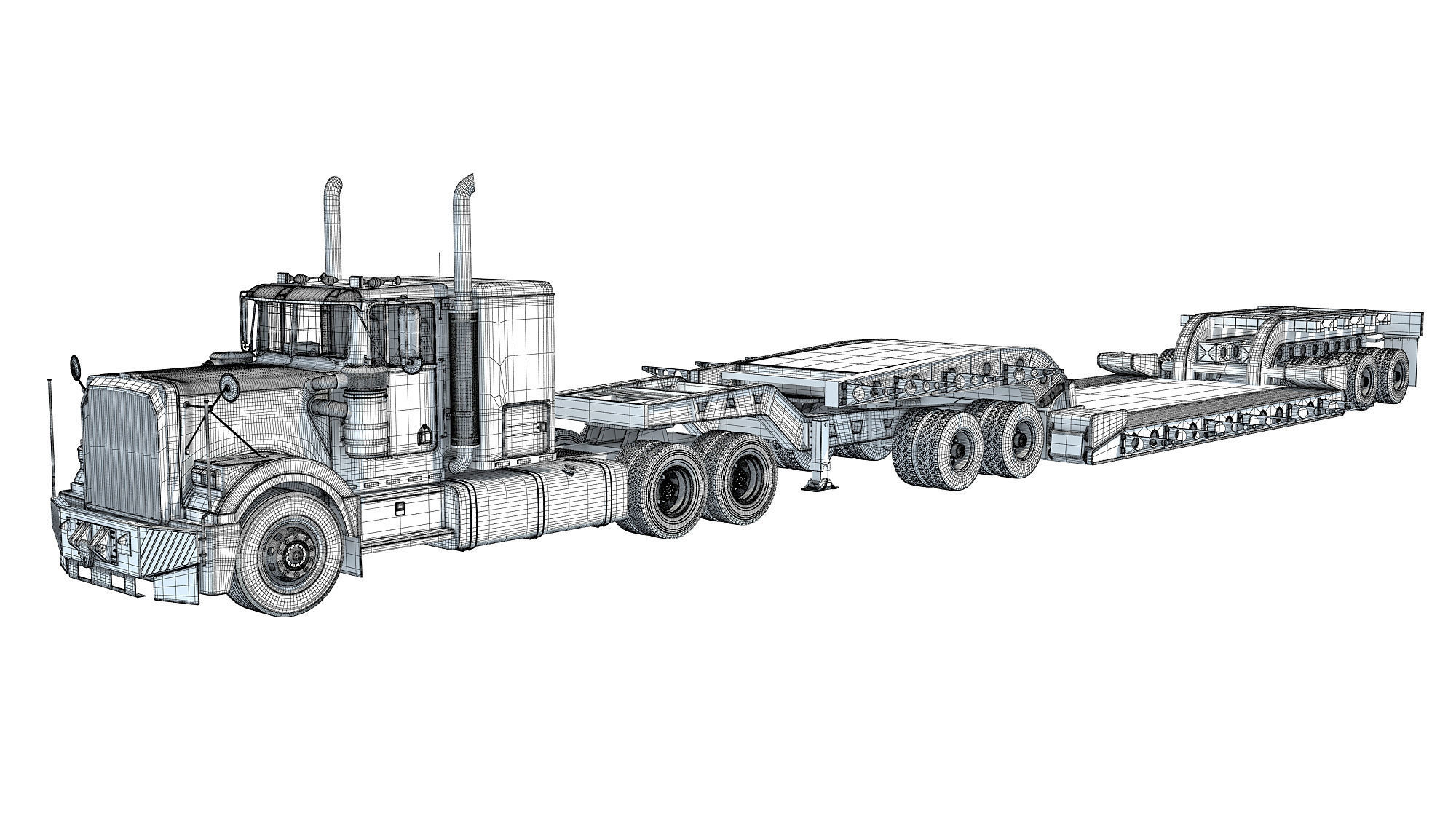 Truck with Lowboy Trailer 3D model_17