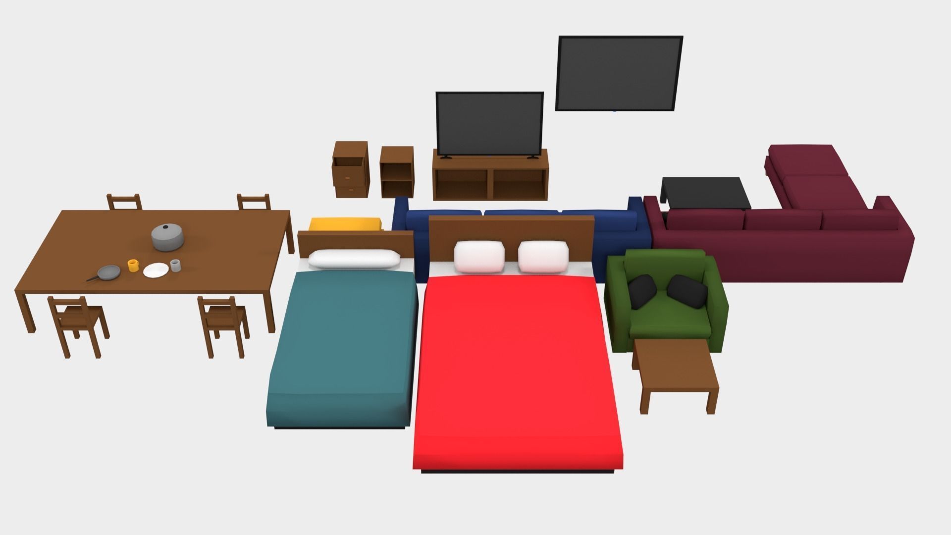 3d low poly furniture living room with couches and chairs Free low-poly 3D model_2