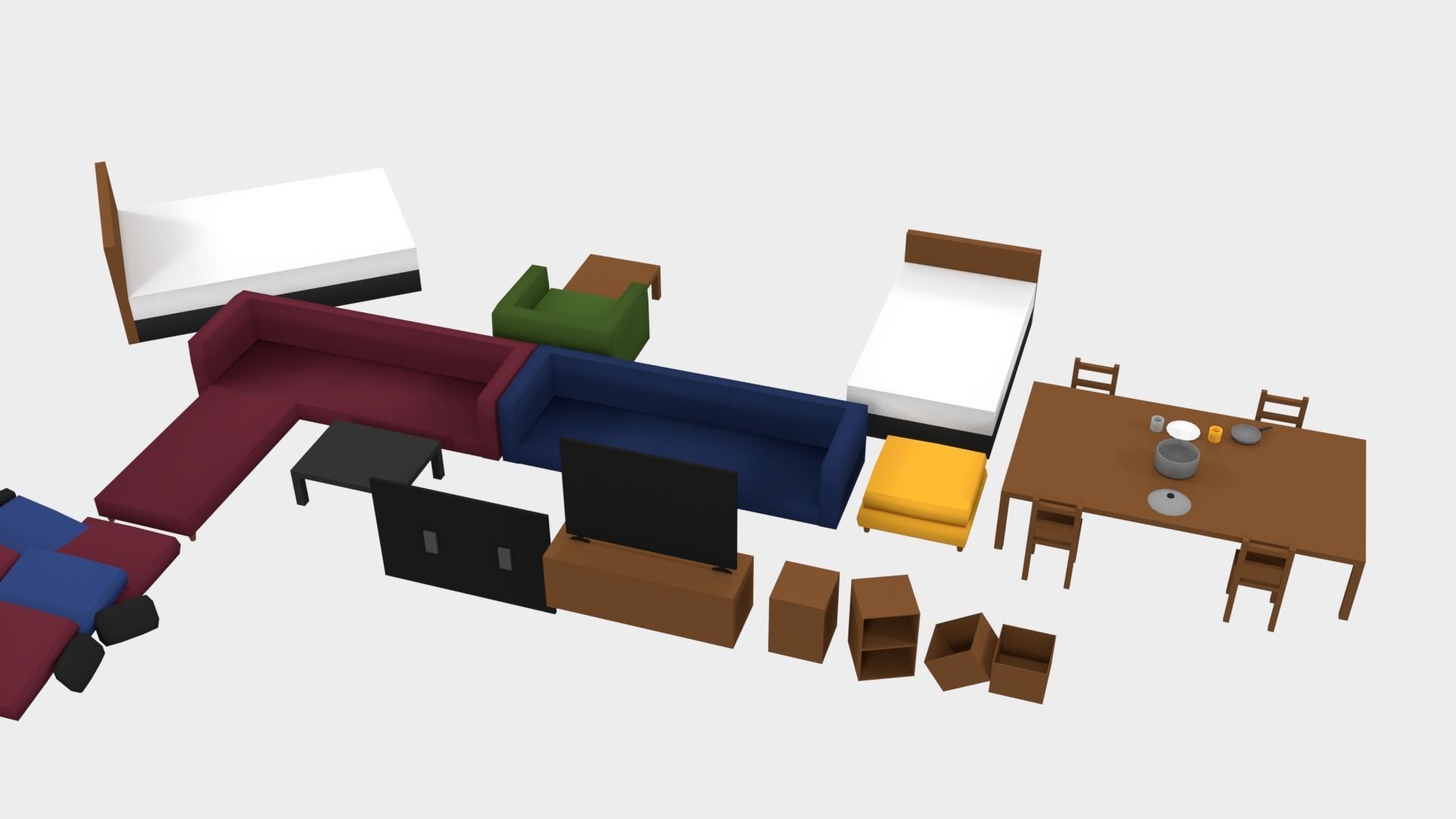 3d low poly furniture living room with couches and chairs Free low-poly 3D model_4