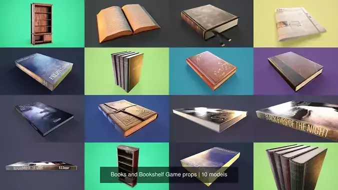 Books and Bookshelf Game props 3D Model Collection
