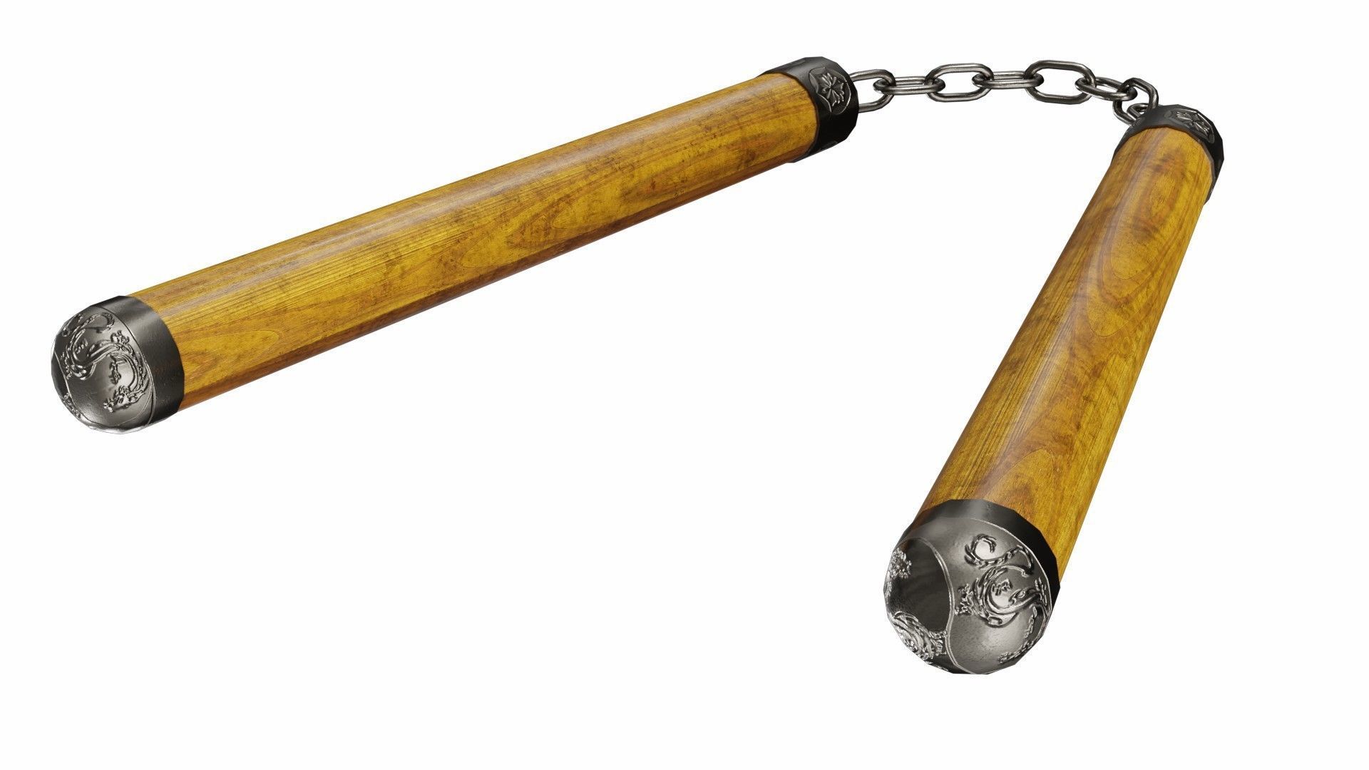 Nunchucks two wooden sticks on chain 3D model_6