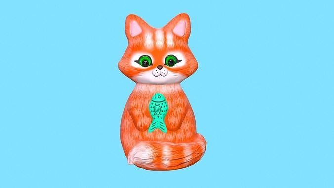 3d model of cat with fish Low-poly 3D print model