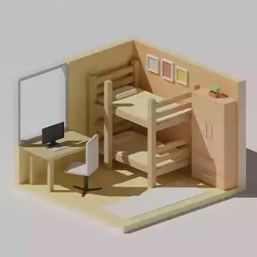 Low poly bedroom with various room items