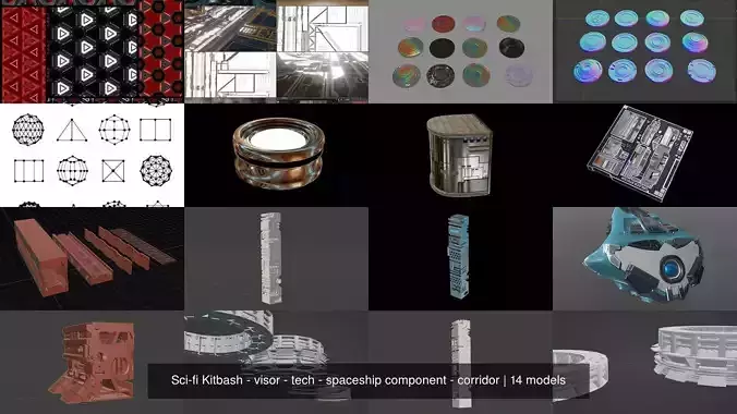 Sci-fi Kitbash - visor - tech - spaceship component - corridor 3D Model Collection