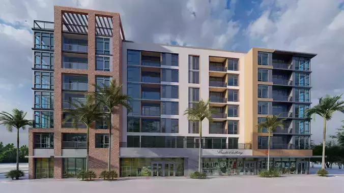 Mixed-use 6 stories multifamily over retail podium 