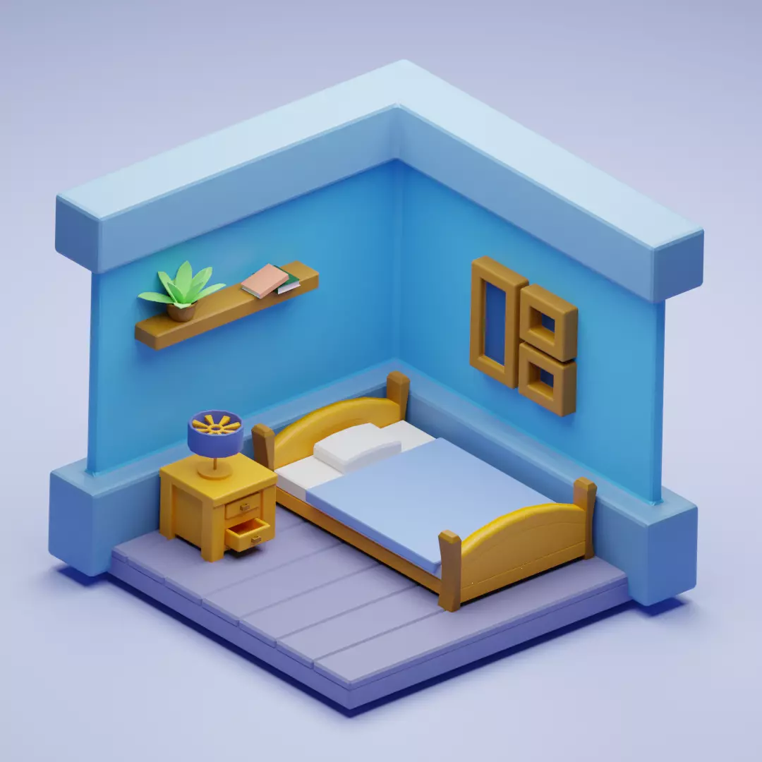 Bedroom toy room with bed and desk Low-poly 3D model_0
