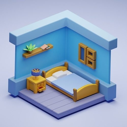Bedroom toy room with bed and desk Low-poly 3D model