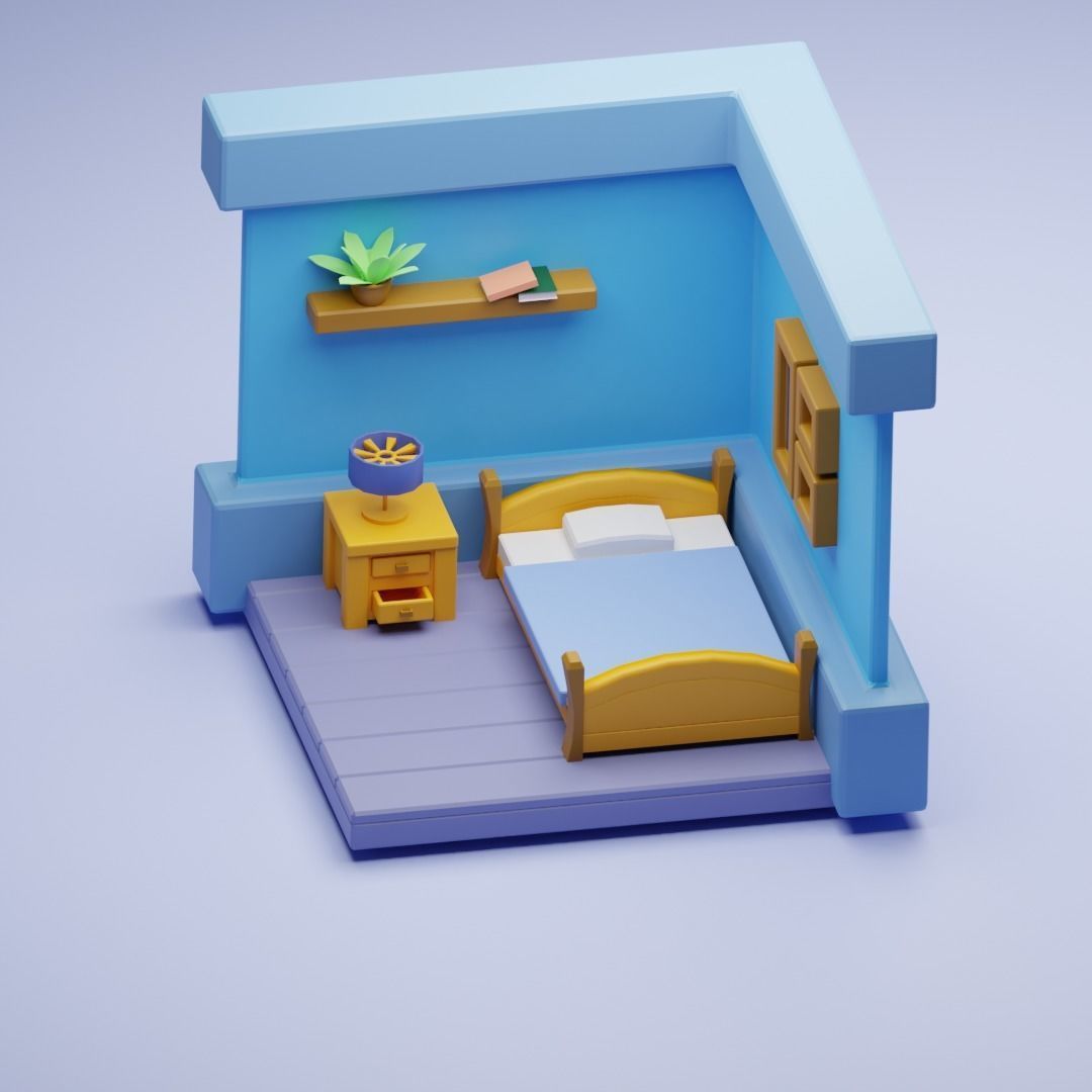 Bedroom toy room with bed and desk Low-poly 3D model_1