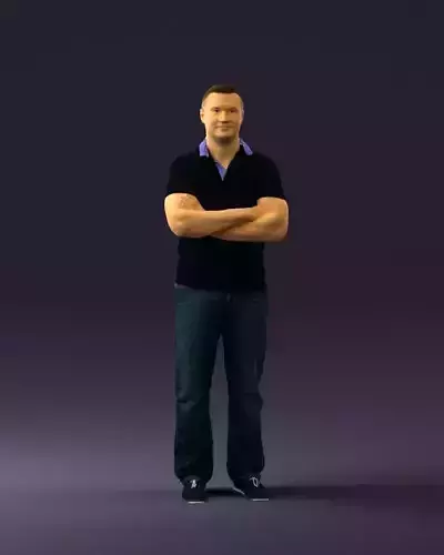 Man in dark blue polo cross hands 0817