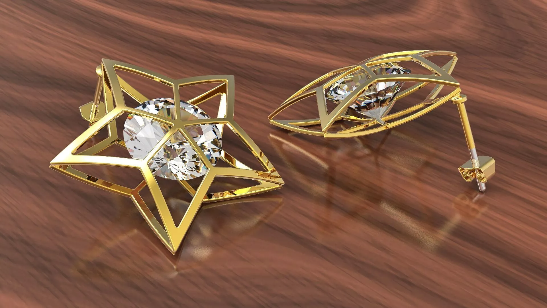 Earring star shaped gold plated with diamond in center Free 3D print model