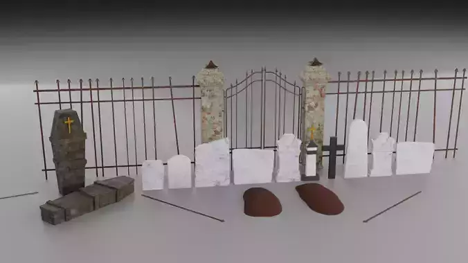 Cemetery Set Low-Poly 3D Model two wooden coffins with cross on top