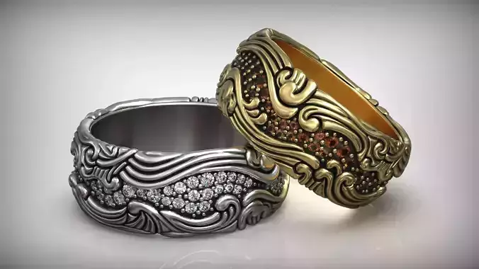 Ocean Wave Pattern Diamond Wedding Band