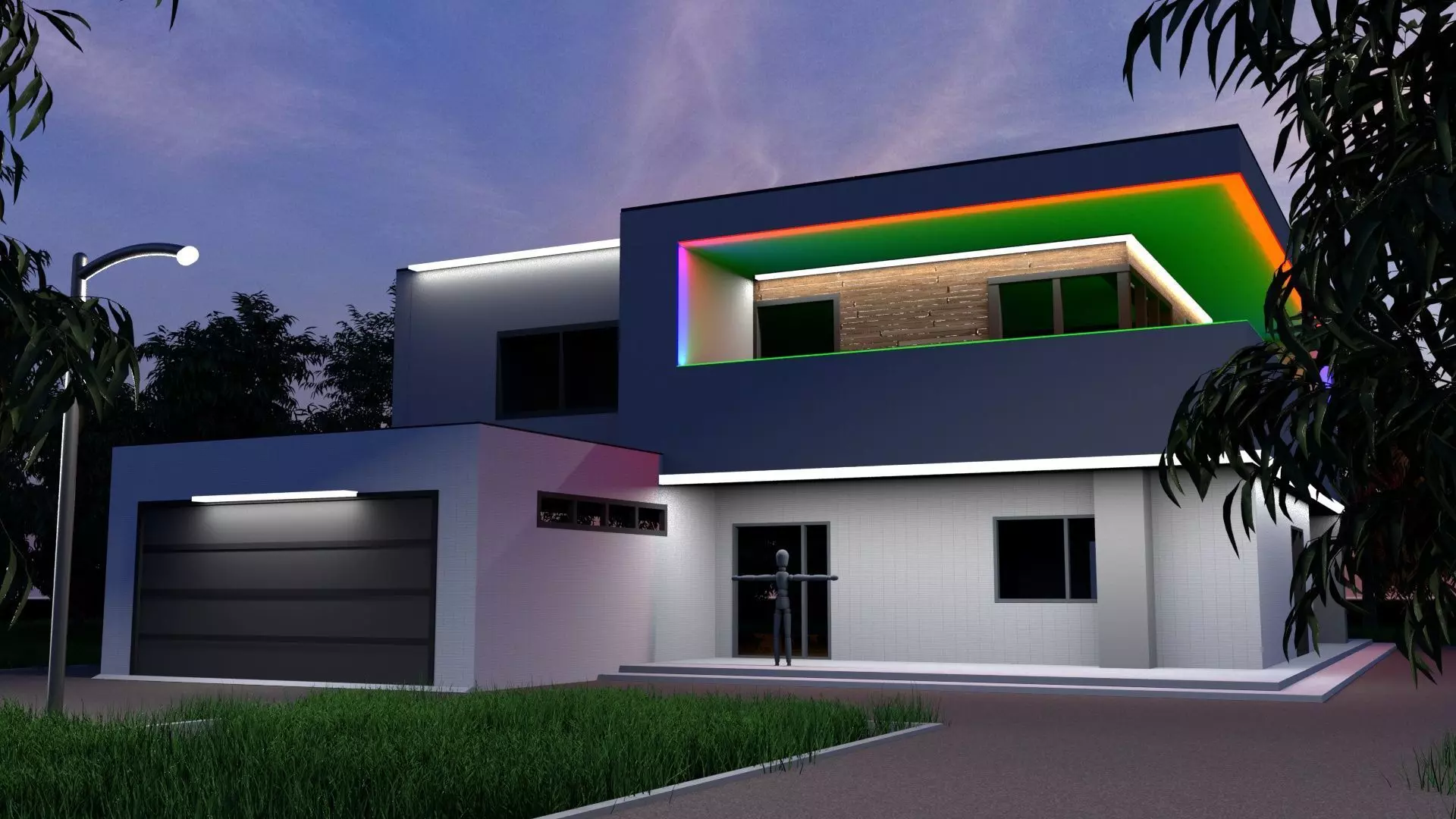 HighTech modern house at night lights 3D model_0
