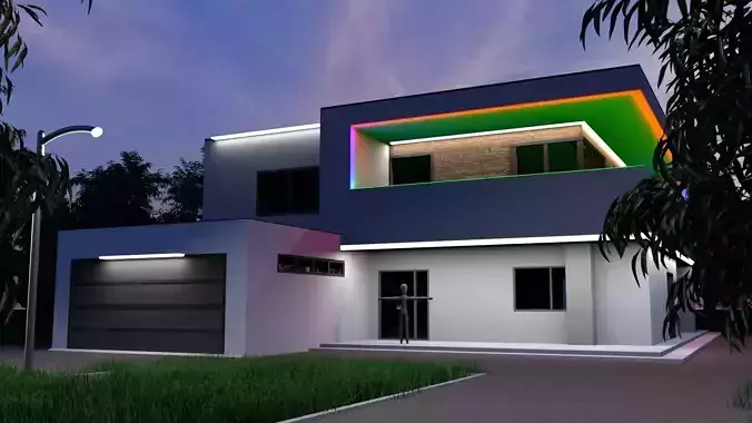 HighTech modern house at night lights 3D model