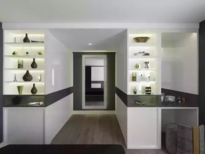 Bedroom with mirror and shelves