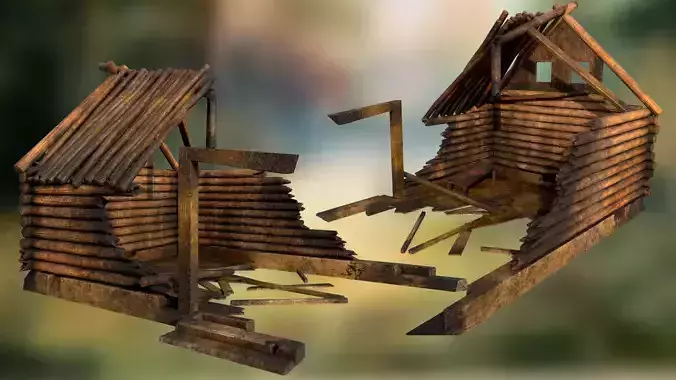 Ruined burned down wooden house PBR low-poly 3D model Low-poly 3D model