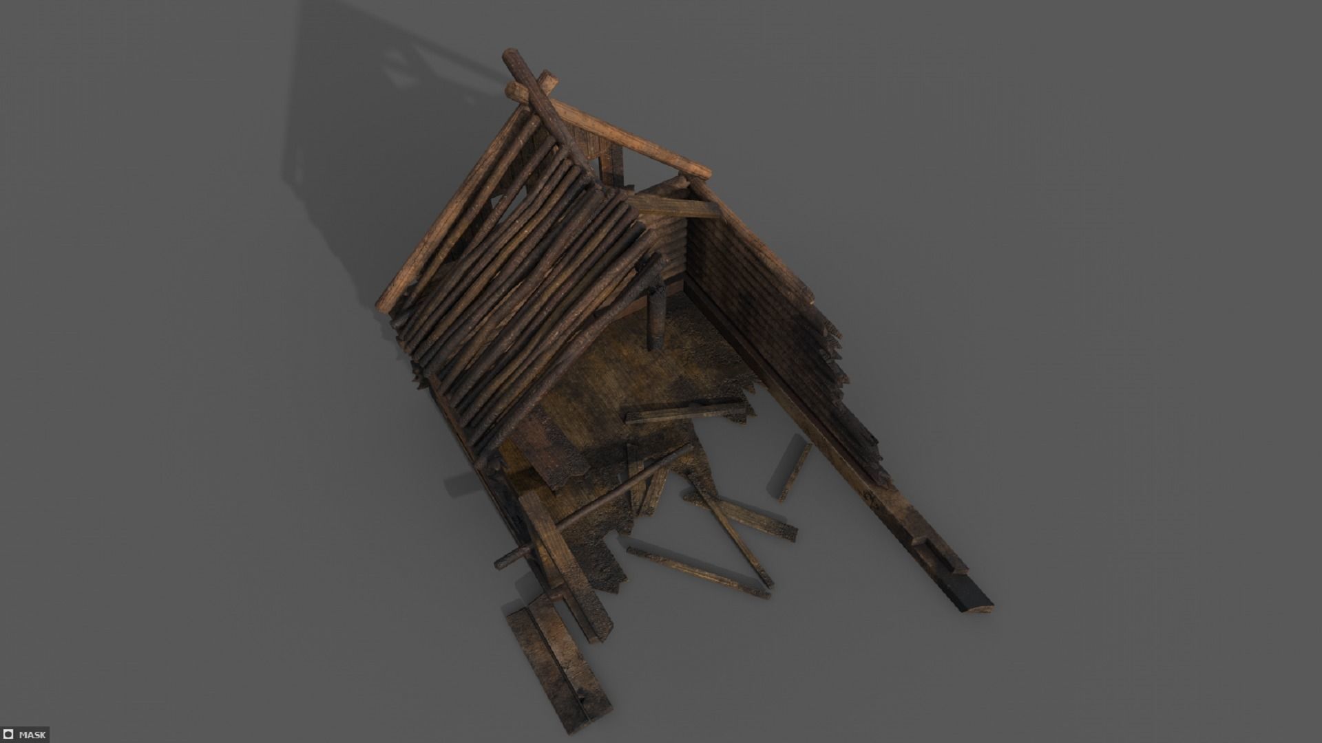 Ruined burned down wooden house PBR low-poly 3D model Low-poly 3D model_7