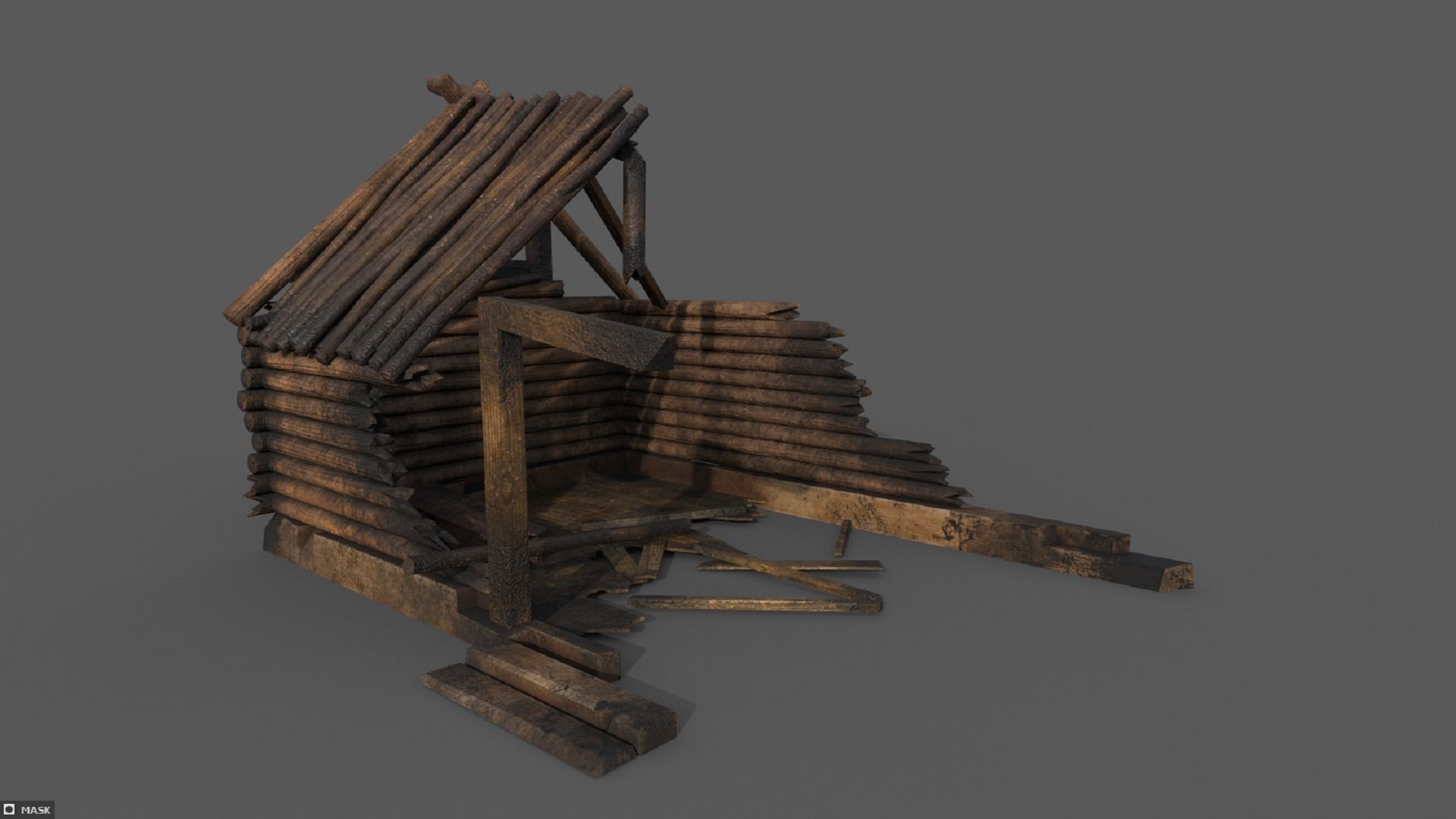 Ruined burned down wooden house PBR low-poly 3D model Low-poly 3D model_3
