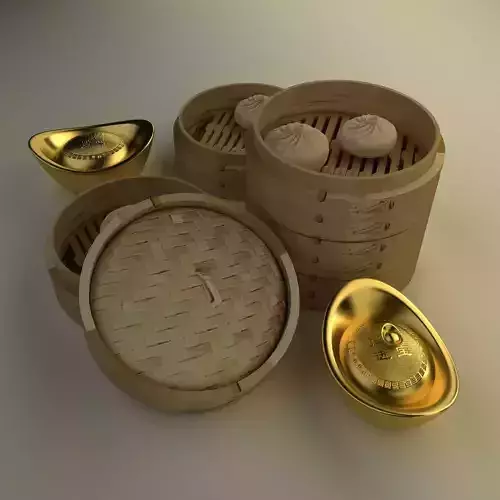 Chinese gold Ingot  and bamboo steamer 