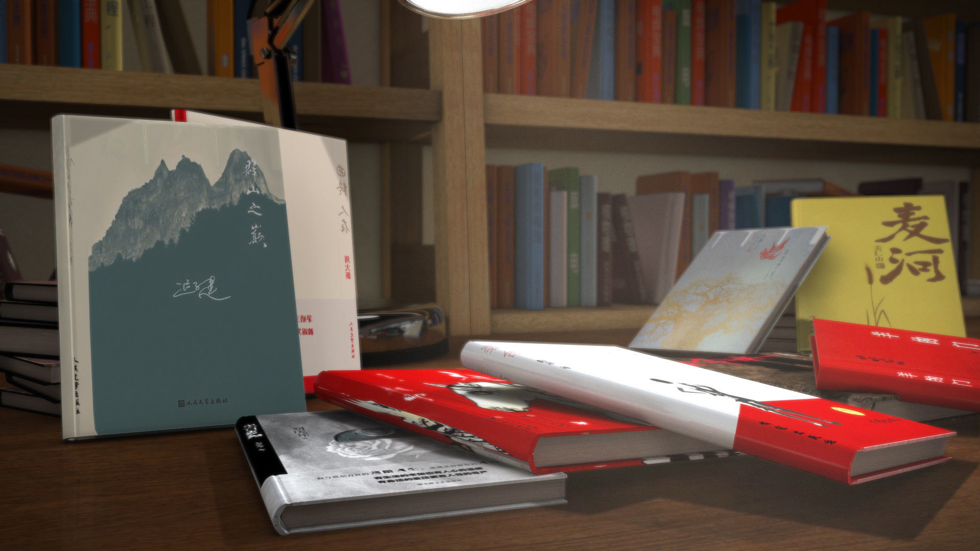 Books  unconventionally  bookshelf  desk lamp 3D model_1