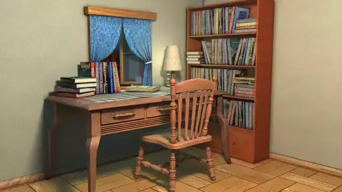 Desk chair desk bookcase desktop scene