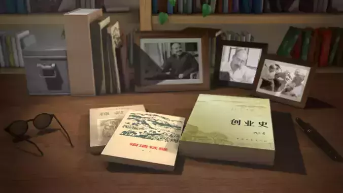 Desk  books  bookshelf  picture frames desktop scene