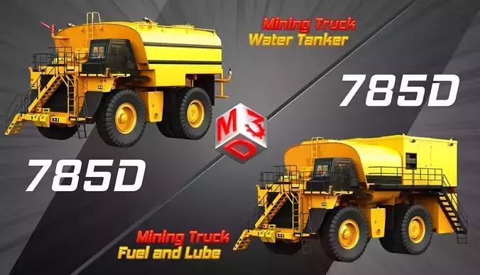 785D - Water Tanker -  Fuel and Lube - Mining Trucks 2 in 1 3D Model Collection