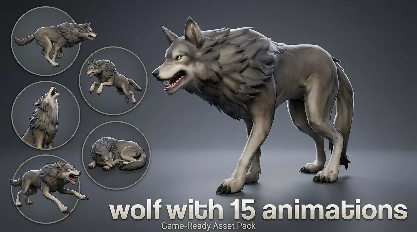 wolf with 15 animations Low-poly 3D model