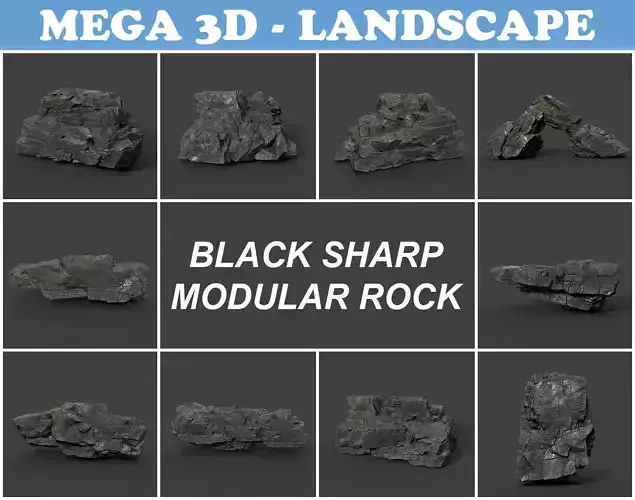 Low poly Black Sharp Modular Rock 211210 Low-poly 3D model