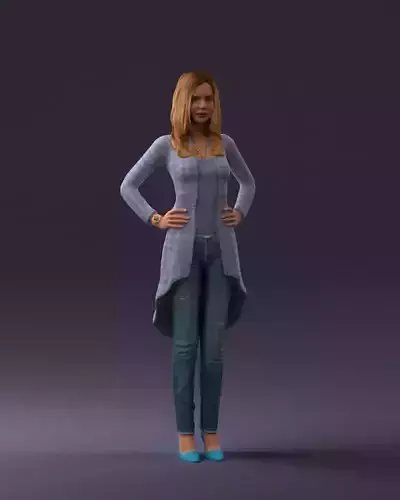 Woman in jeans blue plaid coat 0536