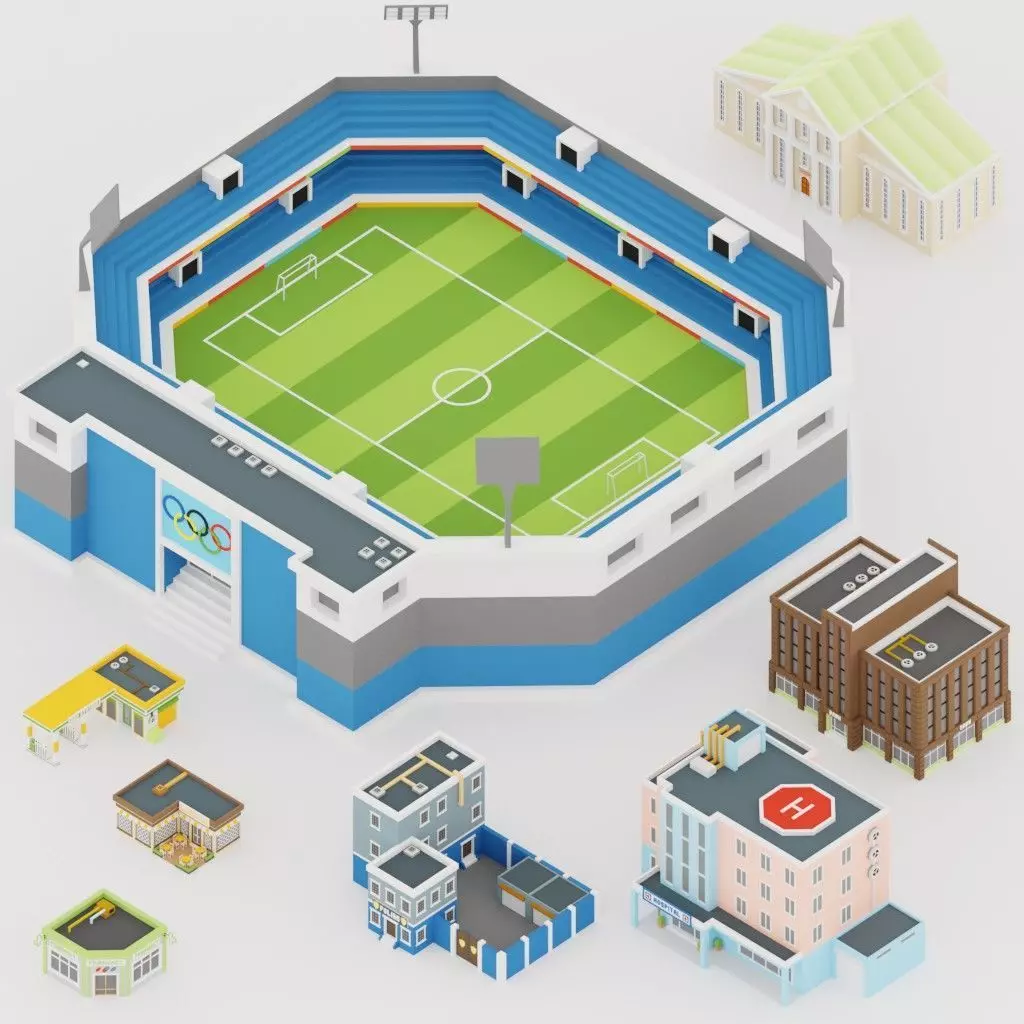 Low poly Isometric City Infrastructure Buildings Low-poly 3D model