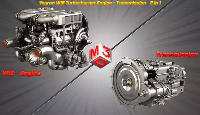 Veyron W16 Turbocharger Engine - Transmission   2 in 1 3D Model Collection
