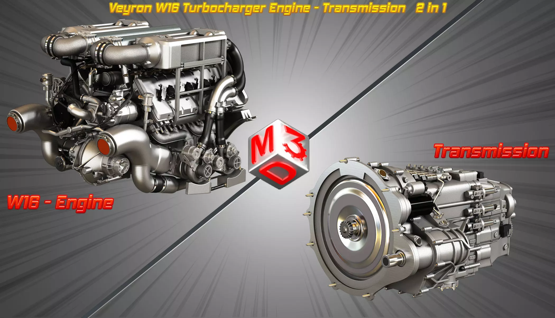 Veyron W16 Turbocharger Engine - Transmission   2 in 1 3D Model Collection_0