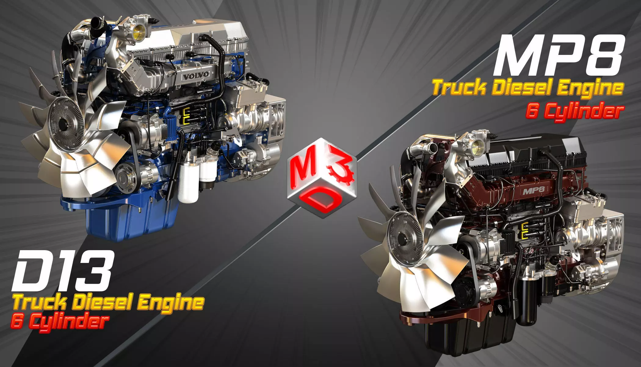 D13 Engine - MP8 Engine - 6Cylinder Truck Diesel Engines  2 in 1 3D Model Collection_0
