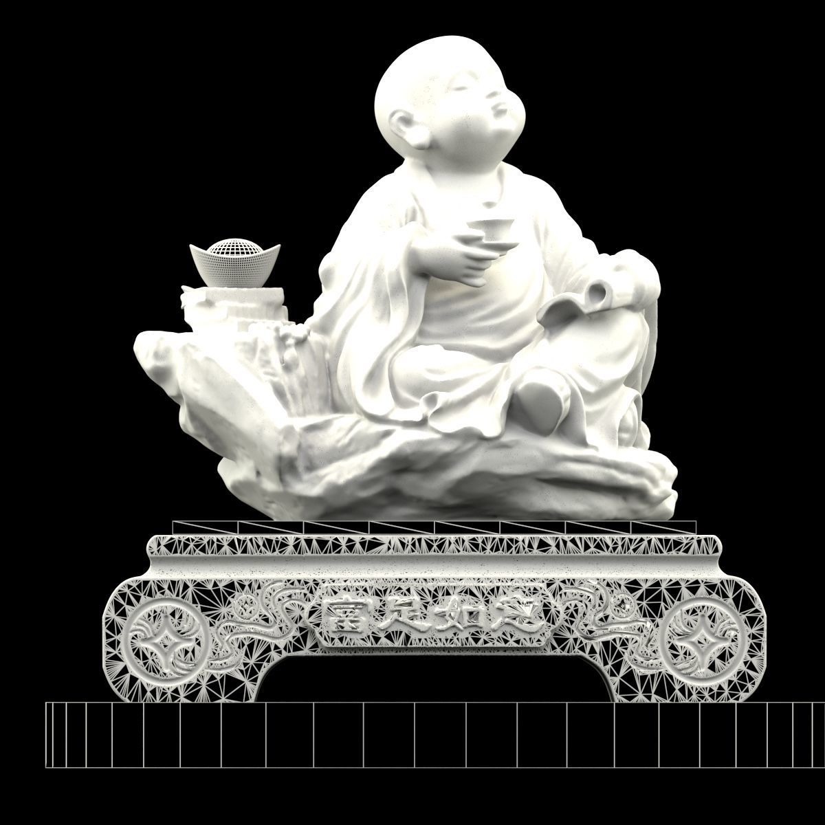 Chinese gold Ingot and monk 3D model_7