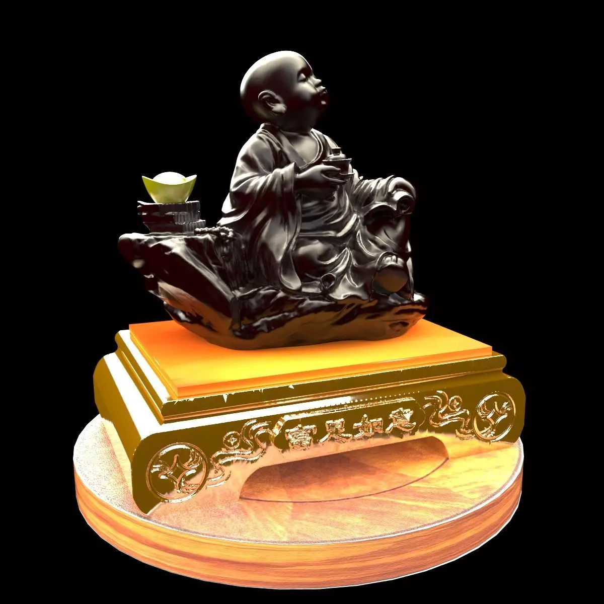 Chinese gold Ingot and monk 3D model_0
