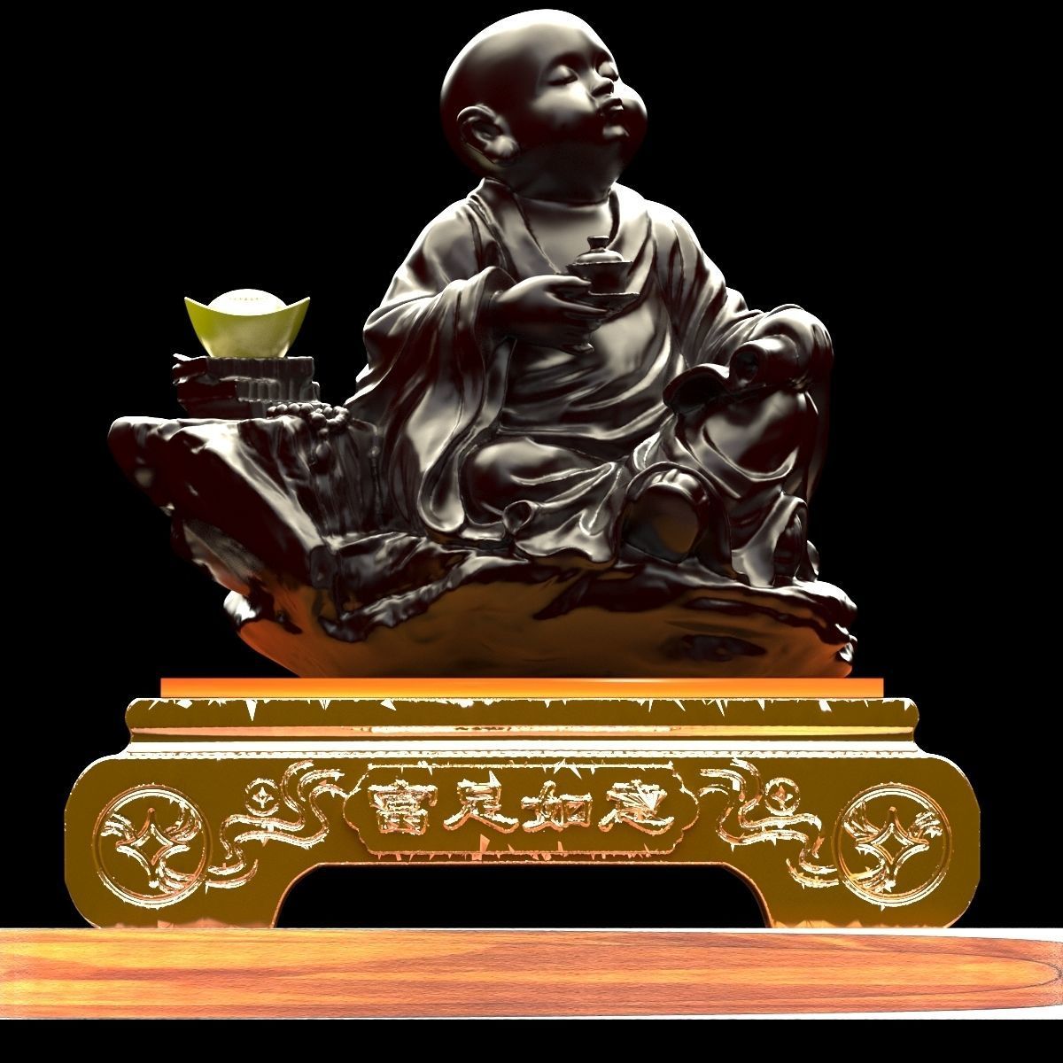 Chinese gold Ingot and monk 3D model_3