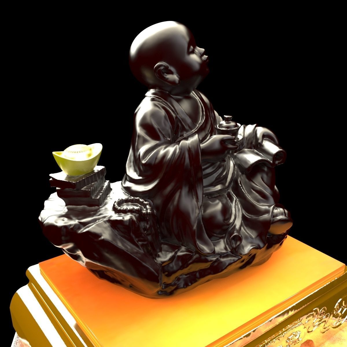 Chinese gold Ingot and monk 3D model_1