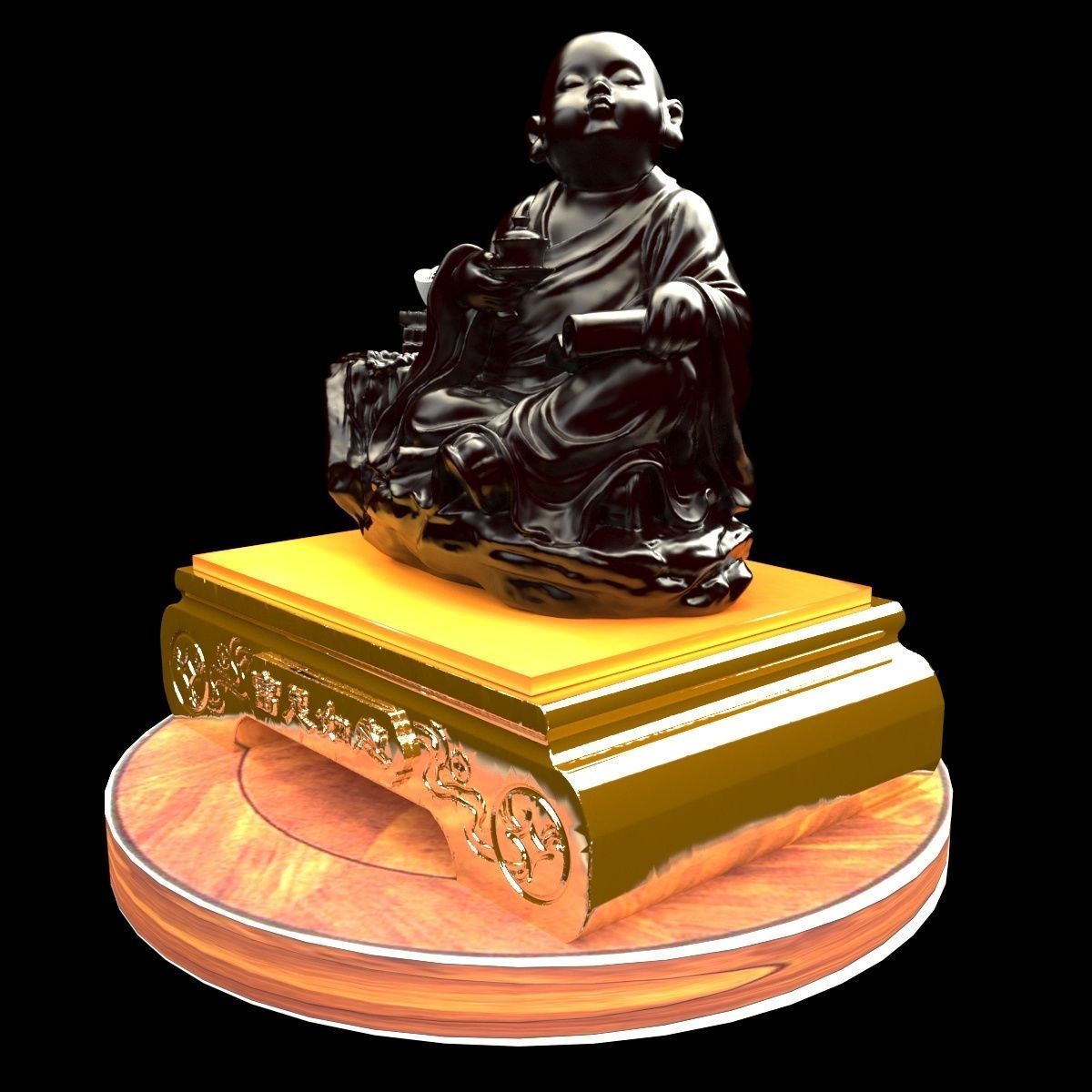 Chinese gold Ingot and monk 3D model_5
