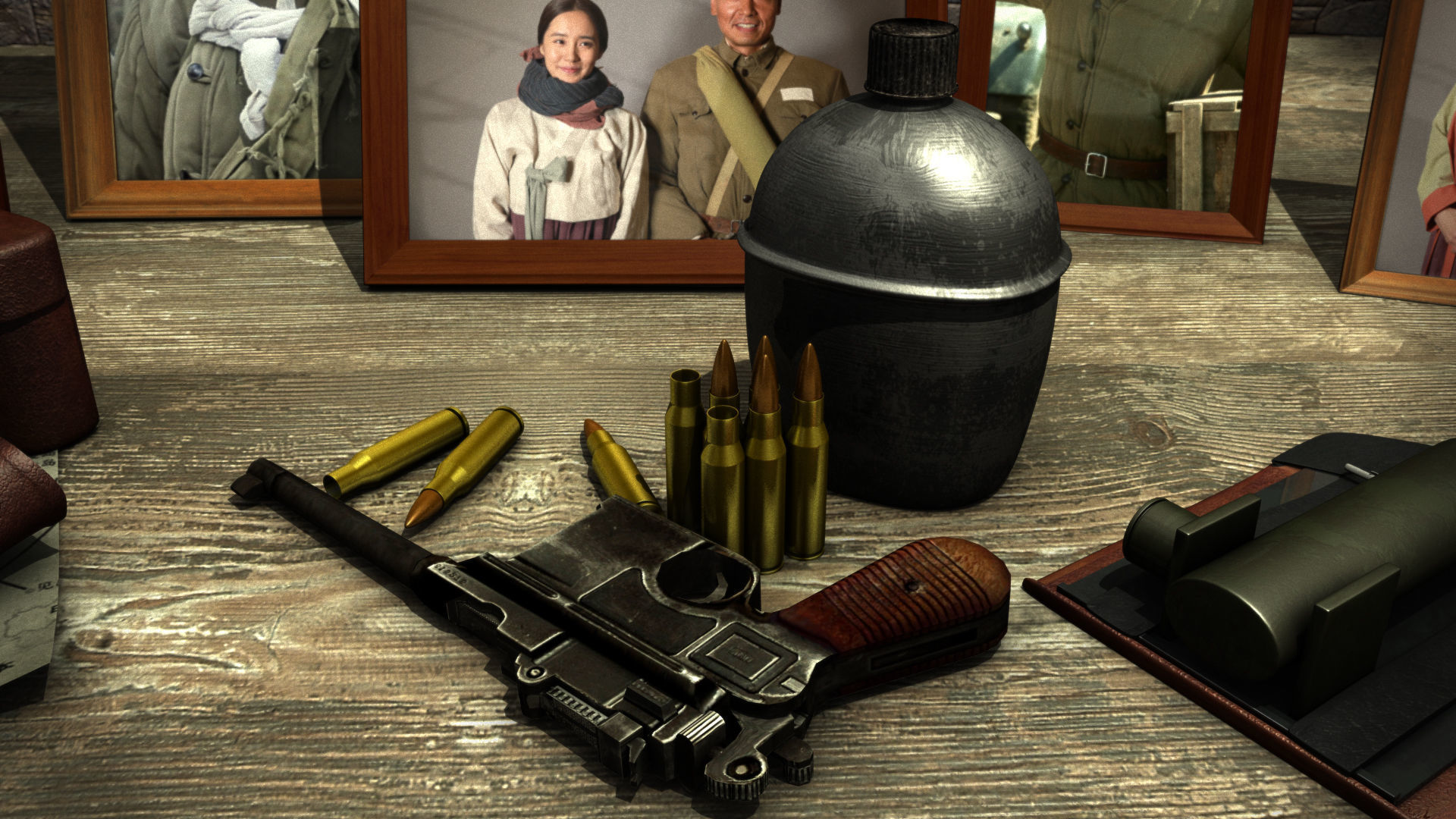 A helmet frame shovels desktop mauser pistol bullet kettle 3D model_2