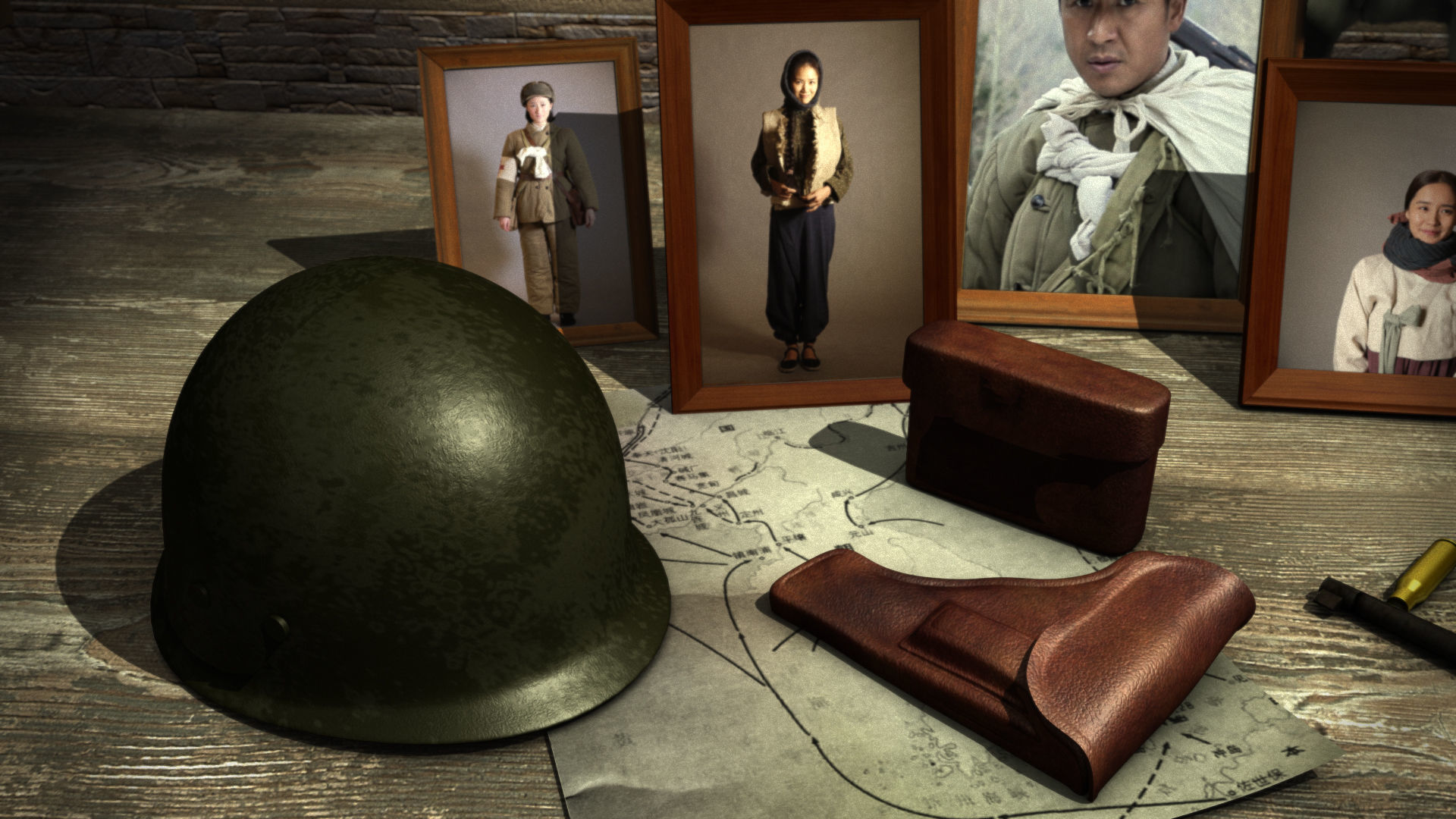 A helmet frame shovels desktop mauser pistol bullet kettle 3D model_1