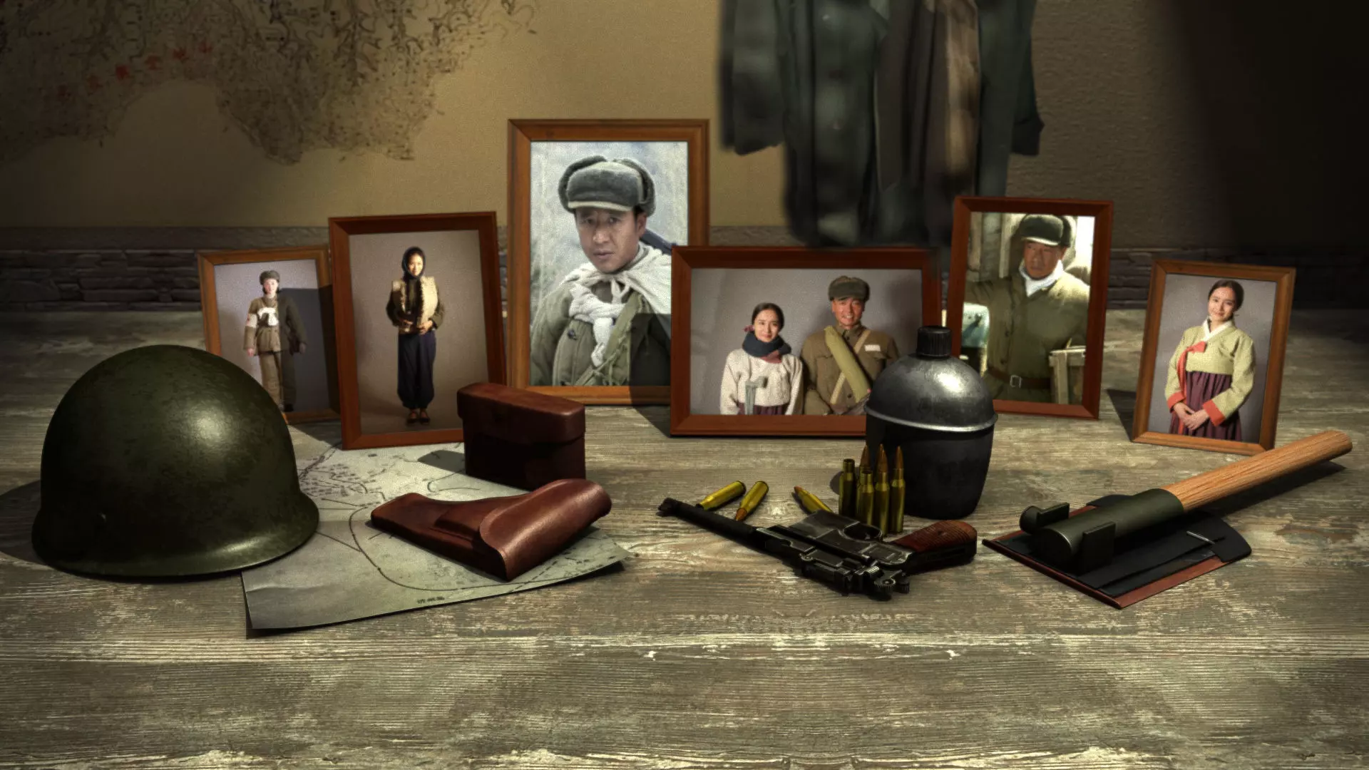 A helmet frame shovels desktop mauser pistol bullet kettle 3D model_0