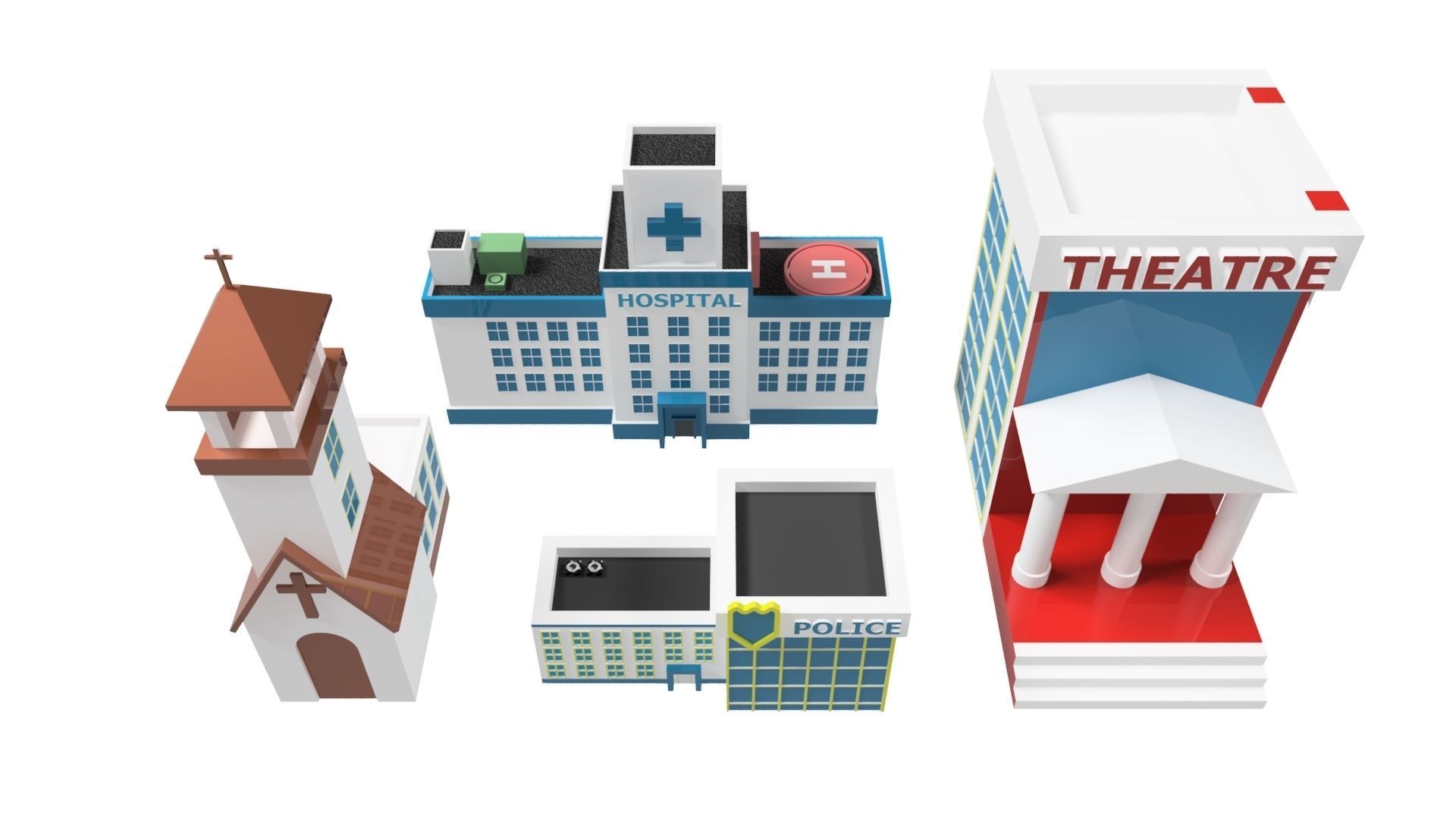 3D BUILDINGS set of and church Low-poly 3D model_4